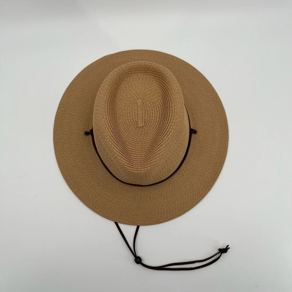 Summer Straw Sun Hat Womens Wide Brim Panama Fedora Beach Wind Lanyard UPF50+ - Picture 3 of 12